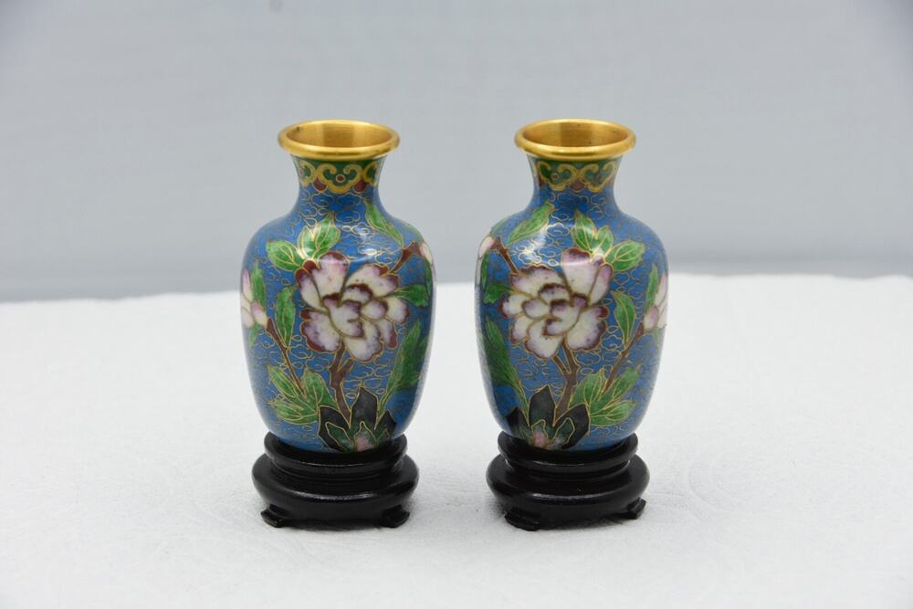 Miniature Chinese Cloisonne Urn Vase on Stands, Set of 2